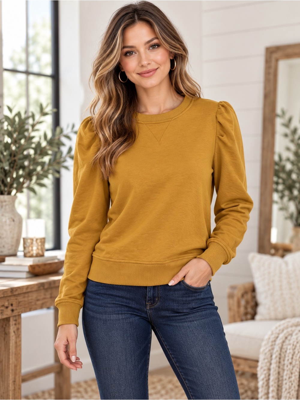 CYNTHIA ROWLEY Puff Sleeve Crewneck French Terry Pullover Sweatshirt Size Large
